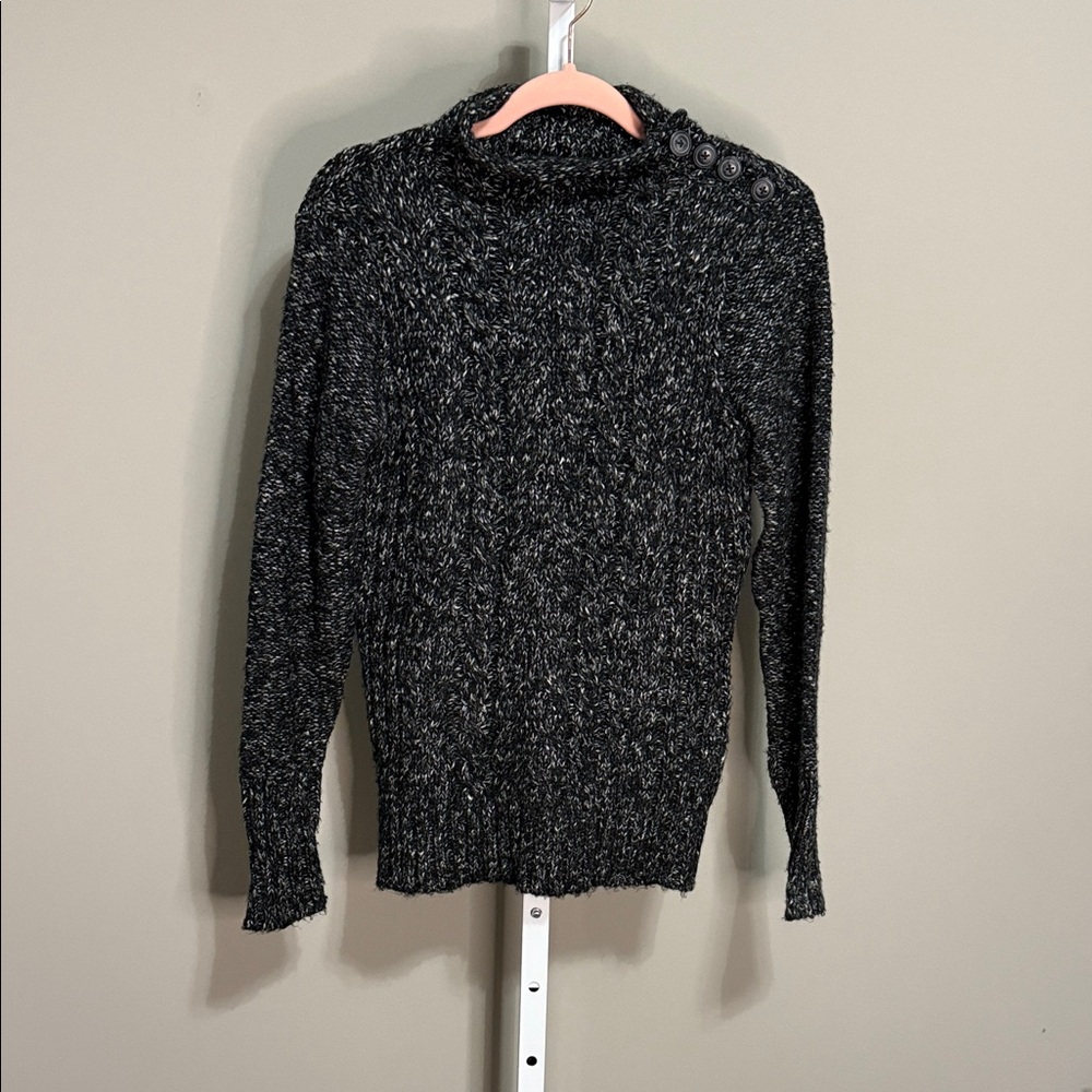 St. John's Bay Sweater M Marled Gray Mock Neck Button Shoulder Cozy Knit‎